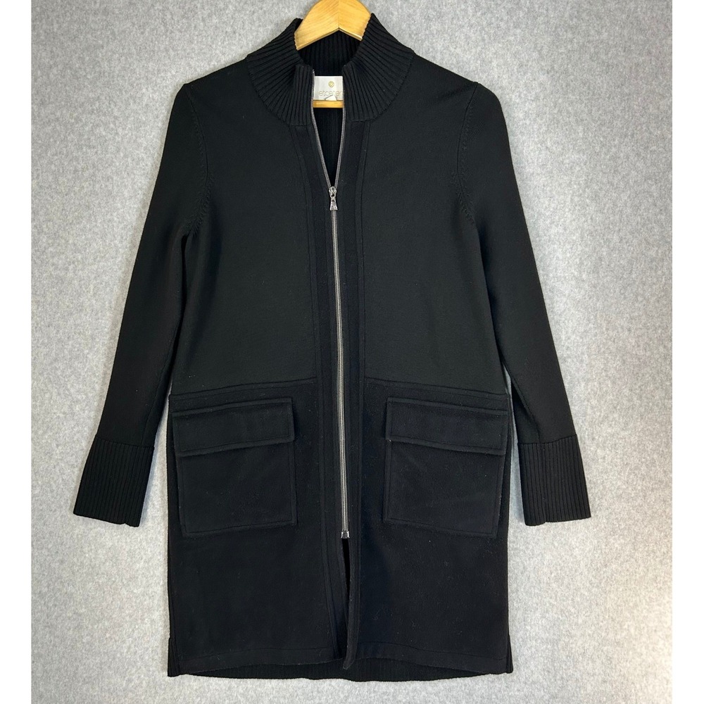 Etcetera‎ Black Zip Front Long Cardigan Sweater Merino Wool Knit Womens Medium